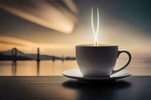 un' tazza di caffè su un' tavolo con un' Visualizza di il baia. ai-generato foto
