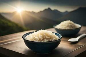 il riso è servito nel un' ciotola con un' cucchiaio su un' di legno tavolo. ai-generato foto