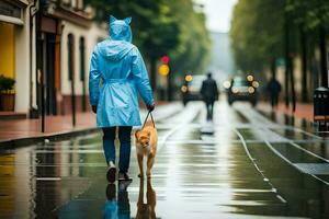 un' donna nel un' impermeabile a piedi sua cane nel il pioggia. ai-generato foto