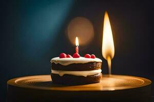 un' piccolo cioccolato torta con un' candela su superiore. ai-generato foto