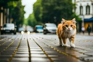 un arancia e bianca gatto a piedi attraverso un' mattone strada. ai-generato foto