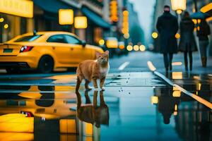 un' gatto è in piedi su un' bagnato strada a notte. ai-generato foto
