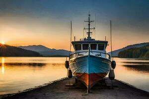 un' barca si siede su il riva a tramonto. ai-generato foto