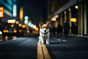 un' cane è a piedi su il strada a notte. ai-generato foto