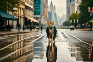 un' cane nel un' cappotto in piedi su un' bagnato strada. ai-generato foto