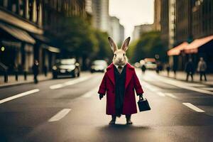un' coniglio vestito nel un' rosso cappotto e completo da uomo è a piedi giù il strada. ai-generato foto