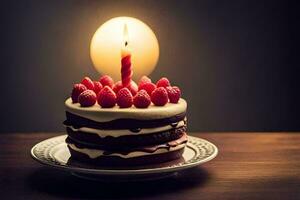 un' compleanno torta con un' singolo candela. ai-generato foto