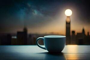 un' caffè tazza si siede su un' tavolo nel davanti di un' paesaggio urbano. ai-generato foto