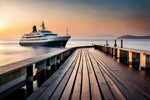 un' crociera nave attraccato a il fine di un' molo. ai-generato foto