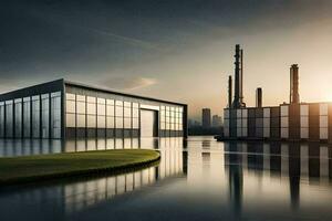 un' fabbrica edificio con acqua e un' città nel il sfondo. ai-generato foto