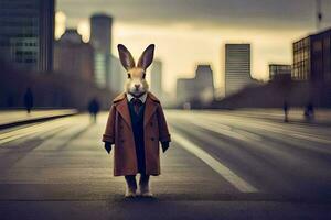 un' coniglio vestito nel un' completo da uomo e cravatta sta su il strada. ai-generato foto