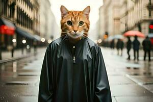 un' gatto indossare un' impermeabile su un' piovoso strada. ai-generato foto
