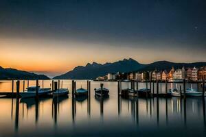 Barche attraccato a il molo nel il mezzo di un' lago. ai-generato foto