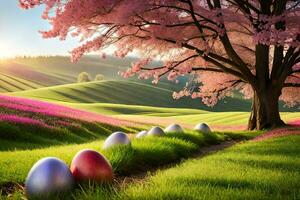 Pasqua uova nel un' campo con rosa alberi e erba. ai-generato foto