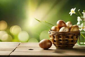 Pasqua uova nel un' cestino su un' tavolo. ai-generato foto