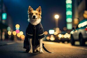 un' cane indossare un' giacca seduta su il strada a notte. ai-generato foto