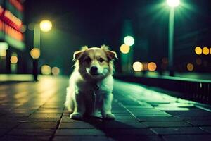 un' cane seduta su il marciapiede a notte. ai-generato foto