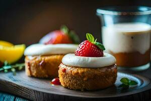 Due mini cupcakes con crema e fragole su un' di legno piatto. ai-generato foto