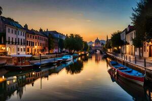 Barche siamo attraccato nel un' canale a tramonto. ai-generato foto