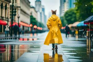 un' persona a piedi nel il pioggia indossare un' giallo impermeabile. ai-generato foto