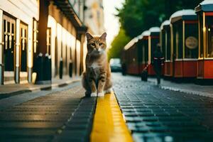 un' gatto è a piedi giù un' strada nel il città. ai-generato foto
