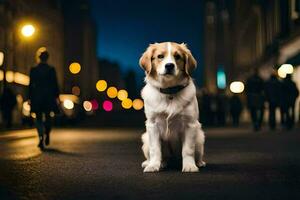 un' cane seduta su il strada a notte. ai-generato foto