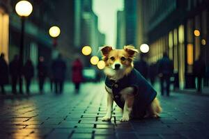 un' cane indossare un' cappotto si siede su il strada. ai-generato foto