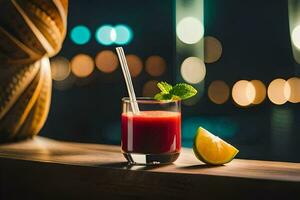 un' bicchiere di rosso succo con un' lime fetta su un' di legno tavolo. ai-generato foto