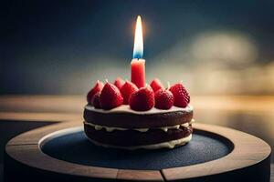 un' piccolo compleanno torta con un' singolo candela. ai-generato foto