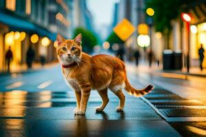 un arancia gatto è a piedi su un' bagnato strada. ai-generato foto