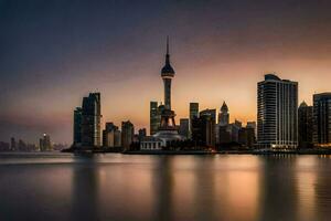 il orizzonte di shanghai a tramonto. ai-generato foto