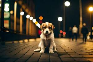 un' cucciolo seduta su il marciapiede a notte. ai-generato foto