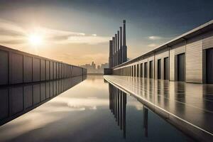 un' lungo, vuoto strada con un' città orizzonte nel il sfondo. ai-generato foto