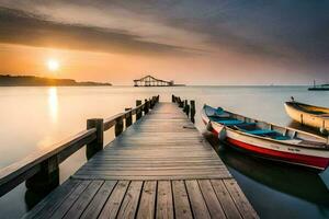 Barche attraccato a il molo a tramonto. ai-generato foto