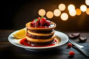 pila di Pancakes con fragole e sciroppo su un' piatto. ai-generato foto