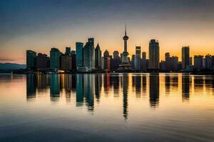 il orizzonte di shanghai a tramonto. ai-generato foto