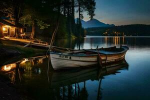 un' barca attraccato a il riva di un' lago a notte. ai-generato foto