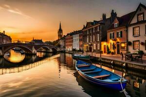 il sole imposta al di sopra di un' canale nel Bruges, Belgio. ai-generato foto