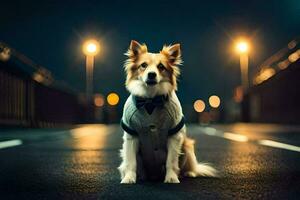 un' cane indossare un' cravatta e veste seduta su il strada a notte. ai-generato foto