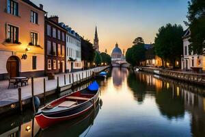 un' barca è attraccato nel un' canale a tramonto. ai-generato foto