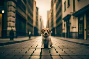 un' cane seduta su il strada nel un' città. ai-generato foto