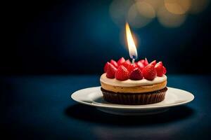 un' Cupcake con fragole su superiore e un' illuminato candela. ai-generato foto