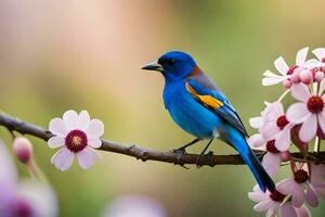 un' blu uccello si siede su un' ramo con rosa fiori. ai-generato foto