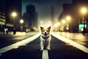 un' cane è in piedi su il strada a notte. ai-generato foto