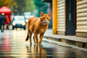 un arancia gatto a piedi su un' bagnato strada. ai-generato foto