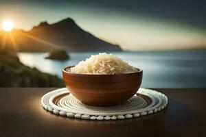 un' ciotola di riso su un' di legno tavolo nel davanti di il tramonto. ai-generato foto