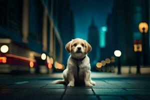 un' cane seduta su il strada a notte. ai-generato foto