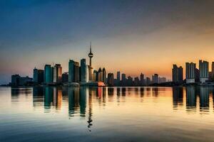 il orizzonte di dubai a tramonto. ai-generato foto