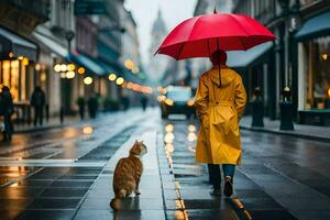 un' donna nel un' giallo impermeabile e rosso ombrello a piedi giù un' strada con un' gatto. ai-generato foto