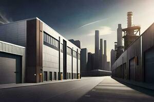 un industriale edificio con un' grande fabbrica nel il sfondo. ai-generato foto
